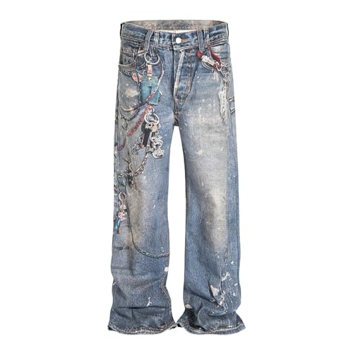 Baggy Jeans Men Washed Emo Y2k Denim Pants Men Loose Fit Streetwear for Skater Jeans with Punk Chain