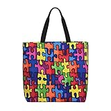 [RFSHOP] キャンバスショッピングバッグ カラーパズル 自閉症障害パターン ショッピングバッグ 再利用可能なトートバッグ ユニセックス 内ポケット付き 布製バッグ 子供、旅行、女性、ジム用