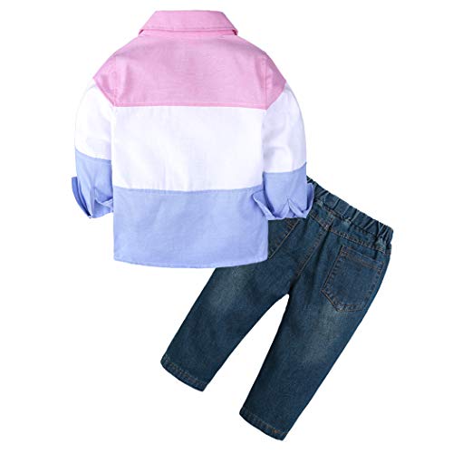 Image of MYGBCPJS 3Pcs Boy Handsome Outfit Set Plaid Shirt + T-Shirt + Suspender Jean Sets