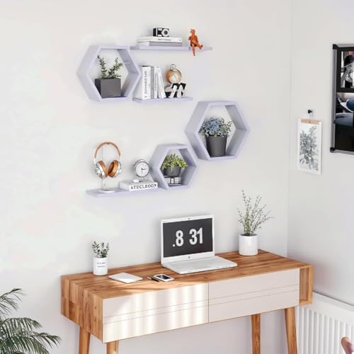Image of Wooden Floating Wall Mounted Set of 6 Hexagon Shelves Display Shelf for Photos, Plants, Rustic Honeycomb Shelves for Living Room, Bedroom, Bathroom, Kitchen, Office (Purple)