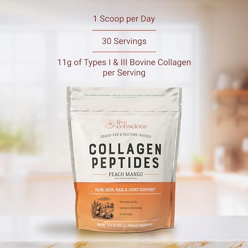 Image of Live Conscious Collagen Peptides Powder - Peach Mango Flavored Collagen Powder - Hair, Skin, Nail, & Joint Support - Type I & III Grass-Fed Collagen Supplements for Women and Men - 30 Servings - 13oz
