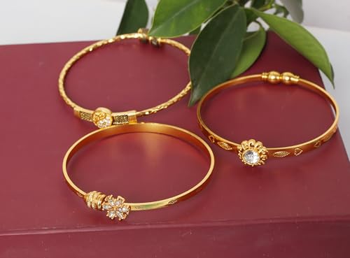 Image of Touchstone Indian Bollywood Handcrafted Engraved Etched Floral Round Rhinestones Cubic Zirconia CZ Designer Jewelry Openable Elegant Gold Plated Bracelets Combos for Women
