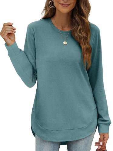Image of OFEEFAN Womens Sweatshirt Crewneck Long Sleeve Shirts High Low Tops Curved Hem