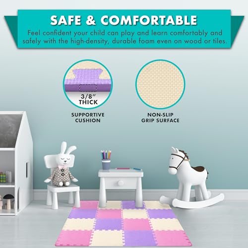 Image of ProSource Baby Play Mat, Soft Foam Floor Tiles for Kids, Interlocking EVA Panels for Playpen Use, Crawling Development Surface, Safe Non-Toxic Toddler Flooring, 16 Tiles, Pink /Purple /Beige