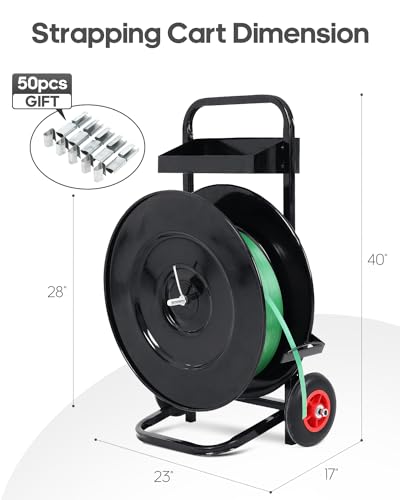 FAHKNS Strapping Cart, Heavy Duty Banding Cart Banding Wheel, Black Deluxe Steel Strap Dispenser for PET Strapping Roll/PP Strapping Roll Coil with 50 Packing Buckle Free