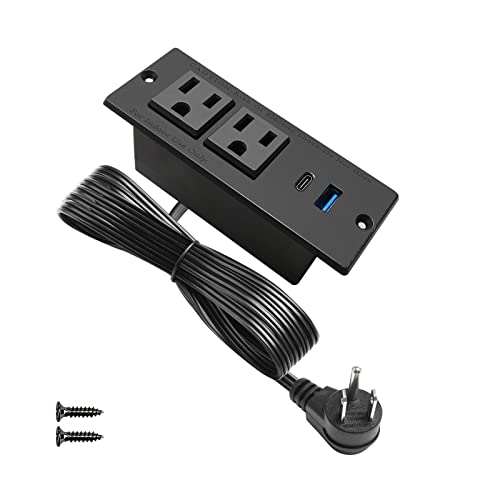 USB C Recessed Power Strip Fast Charge Desktop Power Station 2 Outlets 2 USB (PD20W & QC18W, Total 20W) Mountable Flat Plug Extension Cord Mount for Tabletop Sofa Cabinet Nightstand (USB C Black)