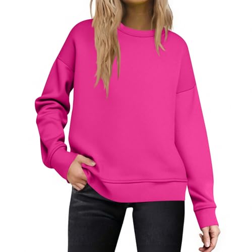 Generisch Sweatshirt Damen Pullover Mode Pulli Herbst Langarmshirt Locker Arbeitspullover Einfarbig Sportshirts Trendy Outfits Casual Hoodie Ohne Kapuze Bequem Sweatpullover(A11 Pink,XXL)