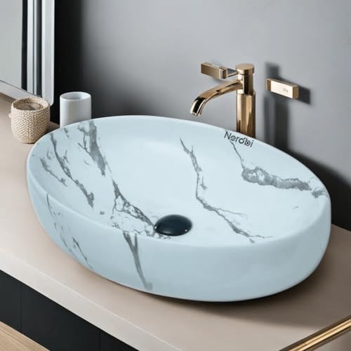 Image of Designer Counter Top Wash Basin | Tabletop Ceramic Bathroom Sink | Wash Basin Over Counter | Wash Basin For Bathroom, Living Room (24 x 15 x 6 Inch) (Marble White Grey)