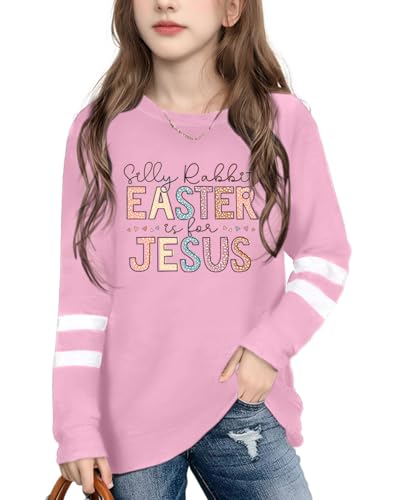 Image of LAZYCHILD Kids Easter Shirt Girls Happy Easter Shirts Rabbit Graphic Long Sleeve Striped Tee Tops 5-14 Years