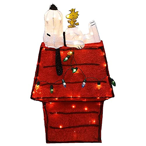 ProductWorks Peanuts Pre-Lit Snoopy and Woodstock Doghouse Indoor/Outdoor Christmas Yard Ornament Holiday Display with 80 Lights 32 Inches