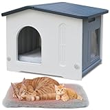Plastic Cat House Weatherproof for Outdoor Indoor Use, Feral Cat House with Escape Door and Soft Mat, Outside Cat Shelter for Small Pet, Spacious, Assemble Easily - Grey