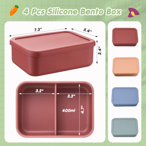 Image of Layhit 4 Pcs Silicone Bento Box for Adults, 27 oz Bento Lunch Container Reusable Food Container for Women Men, Leak Proof Microwave Dishwasher Freezer Safe (2 Compartments,Dark Colors)