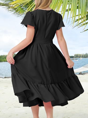 Girls Summer Maxi Dresses Cap Sleeveless Ruffle Hem Chiffon V Neck Flowy Dress Belt A-Line Casual Formal Long Dress4