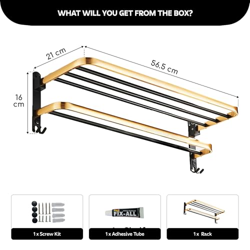 Image of MIORAH 24 Inch Foldable Aluminum Towel Rack for Bathroom - Wall Mounted Double - Tier Towel Holder with Rod & Hooks | Rustproof Black