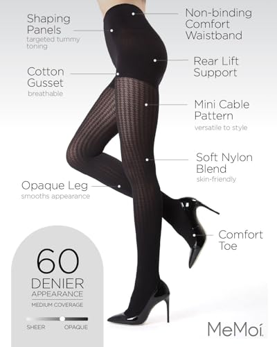 MeMoi Mini Cable Control Top Tights, Comfortable and Lightweight Shaping Tights for Women - Sizes Small to Q23