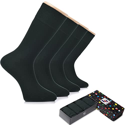 Hugh Ugoli Men's Cotton Dress Socks for Business & Trouser, Thin & Seamless Crew Socks, 4 Pairs with Gift Box, Shoe Size 8-12