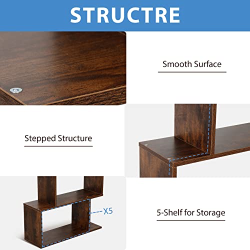 Zeny Geometric Bookcase, 5-Tier Bookshelf, S-Shaped Display Shelf And Room Divider, Freestanding Decorative Storage Shelving For Home Office, Rustic Brown #TOP3