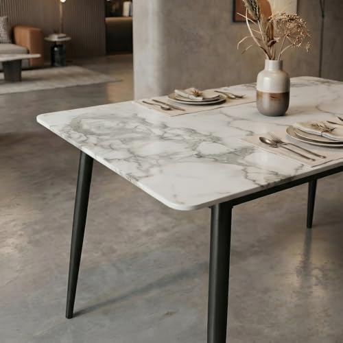 Image of Italiana 15mm Ultra-Slim Sintered Stone Dining Table - 140cm x 80cm Cream Faux Marble Executive Table | Mohs 6+ Hardness Scratch-Resistant | Metal Frame | Suitable for 4-6 Seater