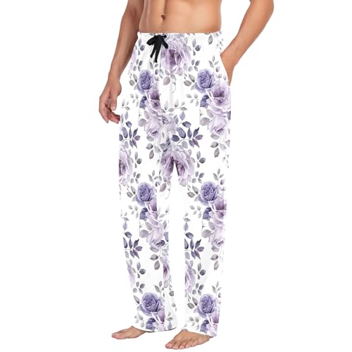 Purple Camellia Men's Pajamas Pants Cotton Sleep Bottoms Pants Lounge Sleepwear - S4