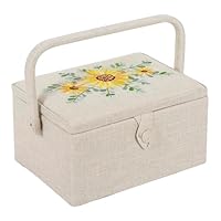 Hobby Gift Exclusive Mittelgroße Nähhandwerk-Bastel-Aufbewahrungsbox, Zubehörablage, Nadelkissen, Tasche, PVC-Griff, bestickter Deckel, 18,5 x 25,5 x 14,5 cm, Sonnenblume