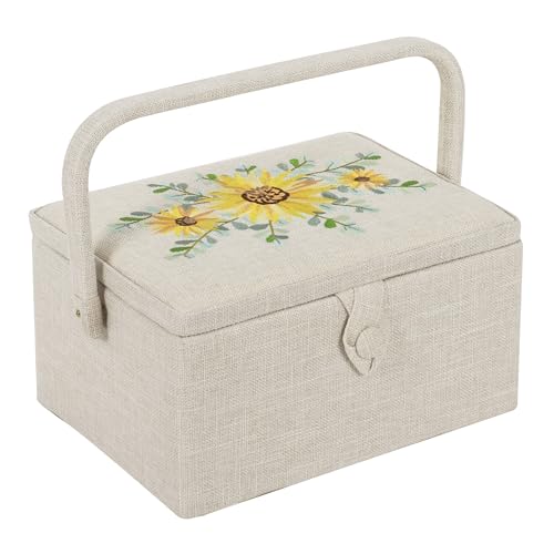 Hobby Gift Exclusive Mittelgroße Nähhandwerk-Bastel-Aufbewahrungsbox, Zubehörablage, Nadelkissen, Tasche, PVC-Griff, bestickter Deckel, 18,5 x 25,5 x 14,5 cm, Sonnenblume