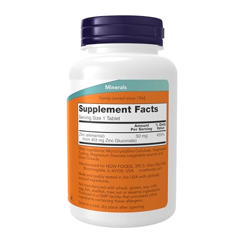 Image of NOW Foods Supplements, Zinc (Zinc Gluconate) 50 mg, Supports Enzyme Functions*, Immune Support*, 250 Tablets