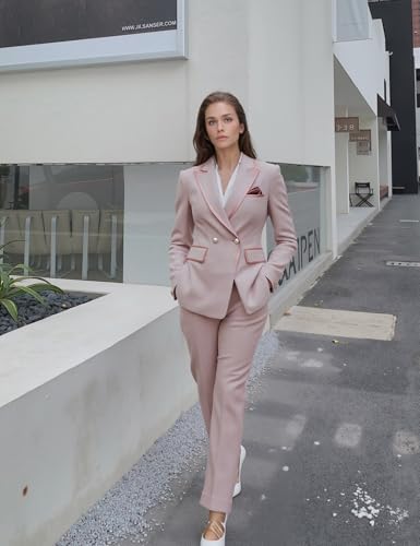 Women's Soft Pink Tweed Suit Set,Elegant Double-Breasted Blazer and Slim Pants with Pearl Buttons,Business,Casual4