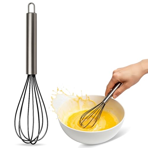 Batidor manual, Varillas de batir, Mezclador manual, Batidor de cocina, Batidor de huevos, Apto para Mezclar, Revolver la Masa, Huevos, Longitud 25 cm, Silicona y Acero inoxidable, Negro