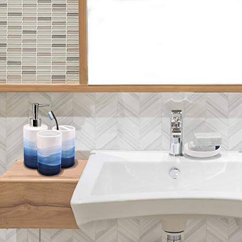 4 Piece Painted Ceramic Bathroom Accessory Set, Includes Soap Dispenser Pump, Toothbrush Holder, Tumbler, Soap Dish Sanitary, Ideas Home Gift For Ware Home Decor Bath(Blue) #TOP5