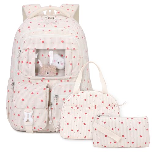 PIG PIG GIRL Kids Backpack for Girls School Bags for Middle School Students Book Bag for Elementary Primary School, Beige Strawberry-3pcs, One Size, Modern