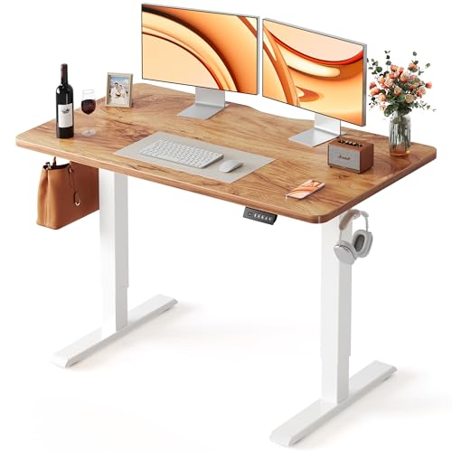 Image of FEZIBO 48 x 24 Inchs Electric Standing Desk, Height Adjustable, Sit Stand Up, Computer Office Desk with Splice Board, White Frame /Light Rustic Top