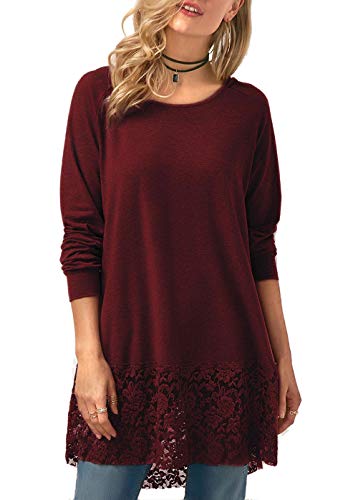 Women's Tops Long Sleeve Lace Trim O-Neck A-Line Tunic Tops with Hooded Wine Red XL