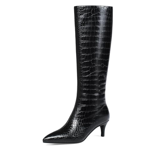 Knee High Boots Women Stiletto Heel Pointed Toe Tall Boot for Women Faux Crocodile Boots Side Zipper Fashion Long Boots