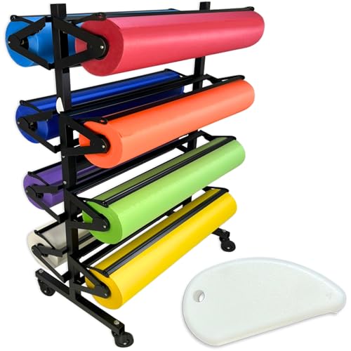 Paper Roll Holder, Dispenser Rack and Cutter - 8 Racks for Large, 36" Butcher, Craft, Gift Wrap & Art Kraft Rolls – Durable, Mobile Rolling Organizer with Ceramic Blade for Classroom, Studio & Retail