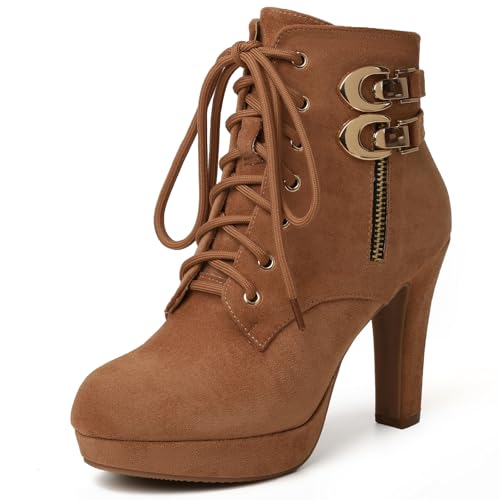 Image of Susanny High Heel Boots for Women,Womens Platform Boot Heels Sexy Round Toe Lace UP High Heels Mid Calf Boots