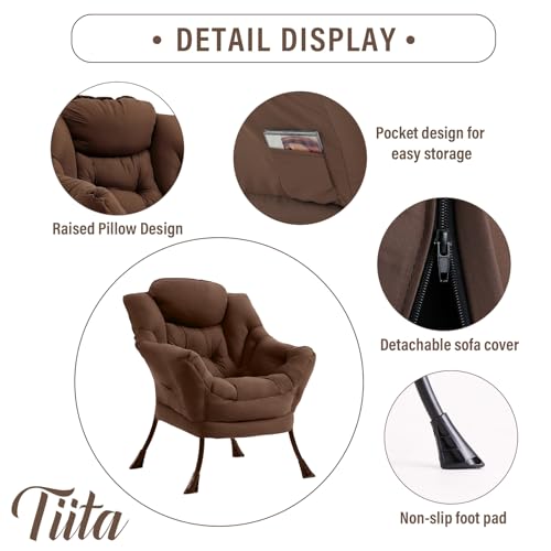 Image of Tiita Brown Lazy Chair, Modern Large Accent Armchair, Comfy Leisure Sofa Reading Chair for Bedroom, Living Room, Dorm Rooms, Garden and Courtyard