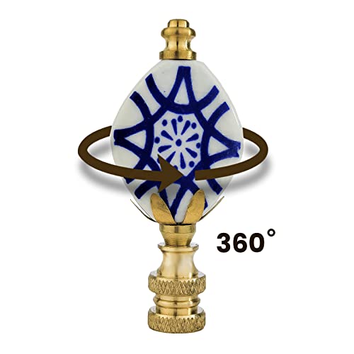 Image of Royal Designs, Inc. Crackled Oval Disk Blue & White Accent Finial for Lamp Shade, F-5304PB-1, Polished Brass - Pack of 1