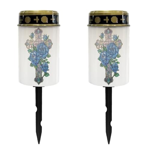 Image of Cross and Blue Rose Solar Memorial Lights for Graves Flameless Candle Lamp Waterproof Solar Powered Light for Prayer Grave Cemetery Garden Decor 2 Pcs