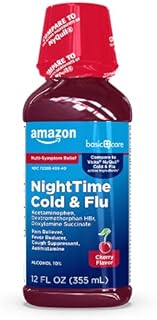 Amazon Basic Care Nighttime Cold & Flu Relief, Pain Reliever, Fever Reducer, Cough Suppressant, Antihistamine, Cherry Flavor, 12 Fluid Ounces