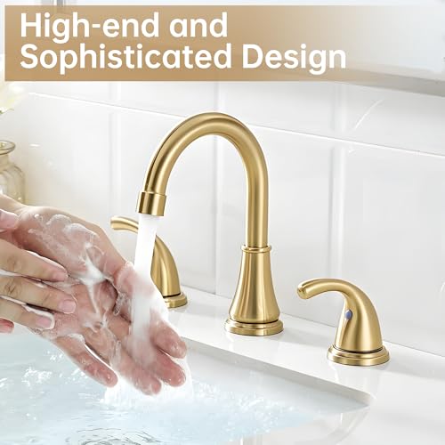 Image of Bathroom Sink Faucet FRANSITON Centerset 8 Inch 2 Handle Bathroom Sink Faucet Lead-Free with Pop-up Drain Stopper and Supply Hoses (Brushed Gold, 8 Inch)
