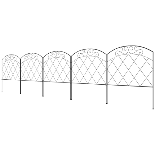 Outsunny Vallas de Jardín 305x61 cm Juego de 5 Cercas de Jardín de Metal en Forma de Arco Combinación Libre Barrera para Animales para Césped Terraza Patio Negro
