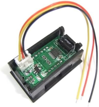 Qab view of RioRand voltmeter showing circuit board and three wires: red, black, and yellow/white