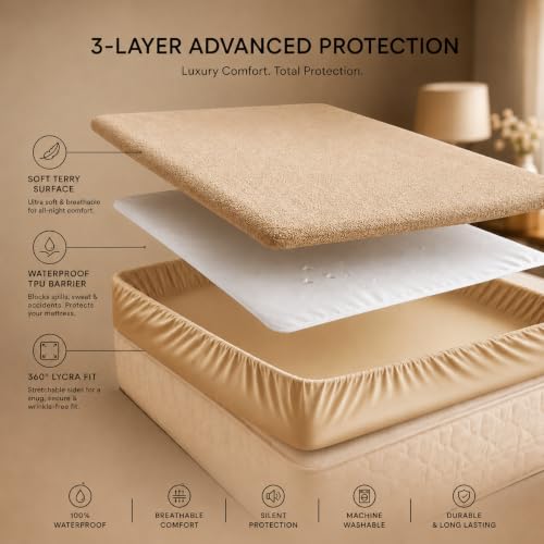 Image of BSB HOME Waterproof Terry Mattress Protector, Soft Cotton Terry Mattress Cover with Deep Pocket Fitted Sheet Style, Breathable & Noiseless Bed Protector, Single Bed- 36 x 72 +9 Inches - Warm Beige