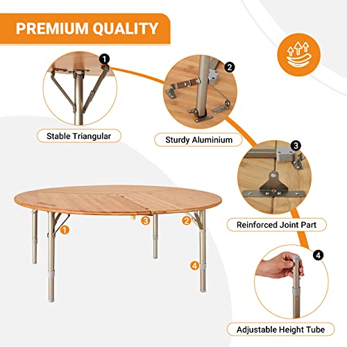 Kingcamp Bamboo Round Folding Table Camping Table For Teepee Bell Tent 3 Fold Portable Camp Table With Heavy Duty Adjustable Height Aluminum Leg For Camping Picnic Indoor & Outdoor Card Game Dinning #TOP2