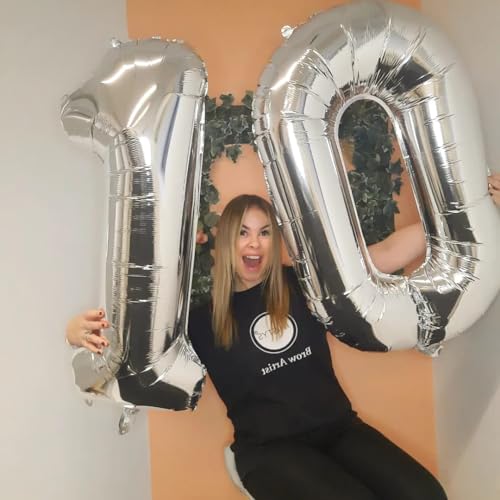 Image of Silver Number 10 Balloon 40 inch, 10 Number Balloons, 10th Silver Birthday Decorations, 10 Year Old Silver Party Supplies