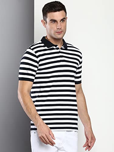 Image of Dennis Lingo Men's Casual Slim Fit Polo Neck T-Shirt, Half Sleeves Striped Pure Cotton Collar T-Shirt for Men