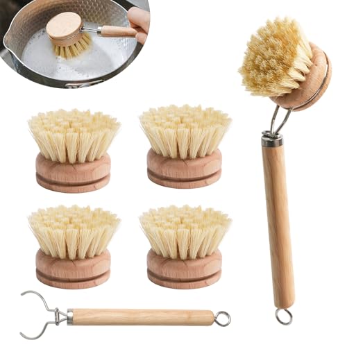 Bamboo Dish Brush with 4 Replacement Heads, Natural Scrubber, Eco Friendly Plastic Free Washing Up, Wooden Kitchen Scrub, Zero Waste Sustainable Cleaning Set