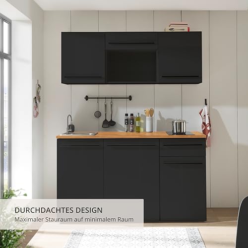 84-240-18 Single Küche JAZZ Küchenblock Küchenzeile Schwarz ca. 160 x 212 x 60 cm