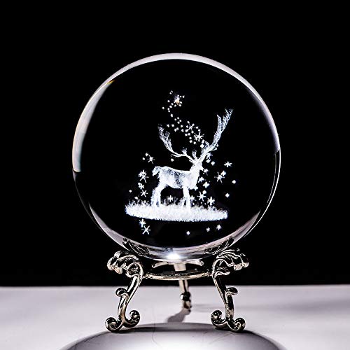 Crystal Ball Crystal 3D Ball Laser Engraved Wapiti Miniature Glass Deer Sphere Paperweight Home Desk Decorative Ornament Birthday Dora Gifts Decorative Balls ( Color : With Golden Base , Size : 60Mm ) #TOP5