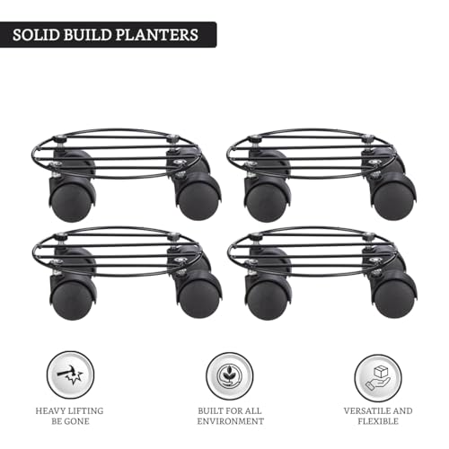 Image of Amazon Brand - Solimo Strong Metal Plant Stand with Wheels (Black, Set of 4, Round) | Home Garden Wheels Plant Stand | Plants Gamla Stand For Living room / Balcony